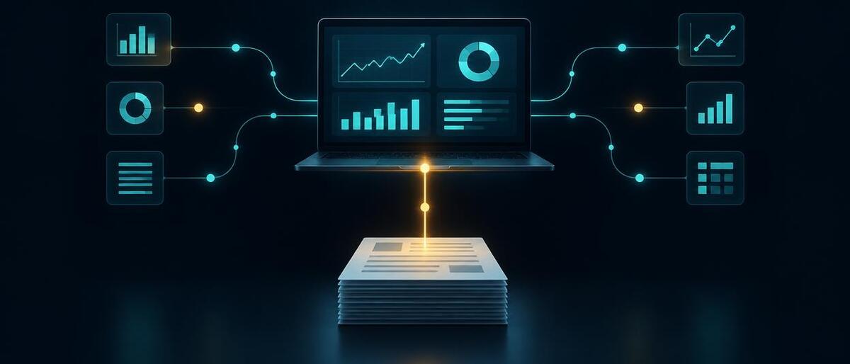 A clean, home-built portfolio dashboard on a laptop screen, with a stack of executed documents (SPA, charter, side letter, convertible note) feeding into it from below through a single highlighted pipe labeled with a page reference.