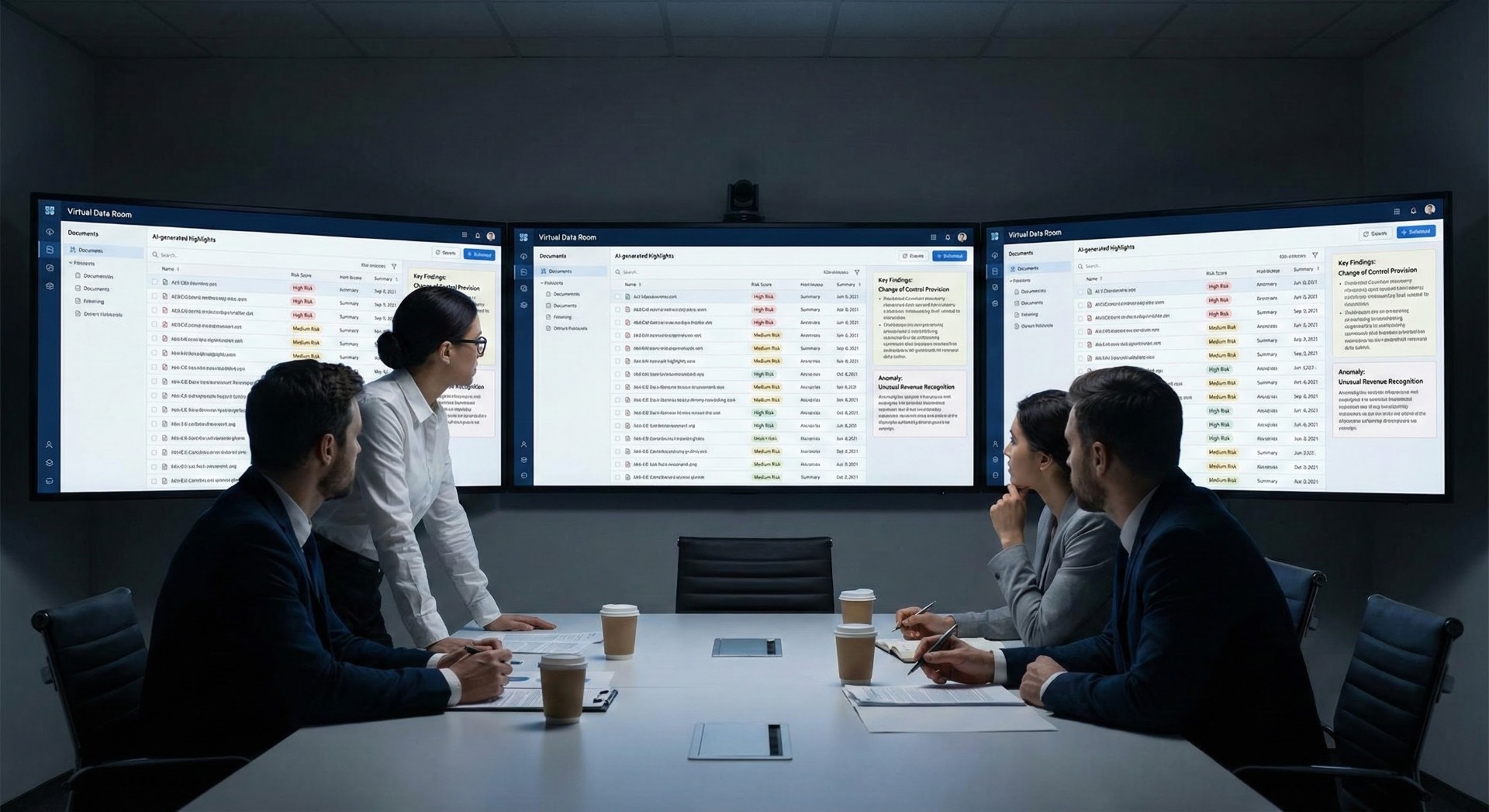 Private equity deal team reviewing AI-generated due diligence insights from a data room.