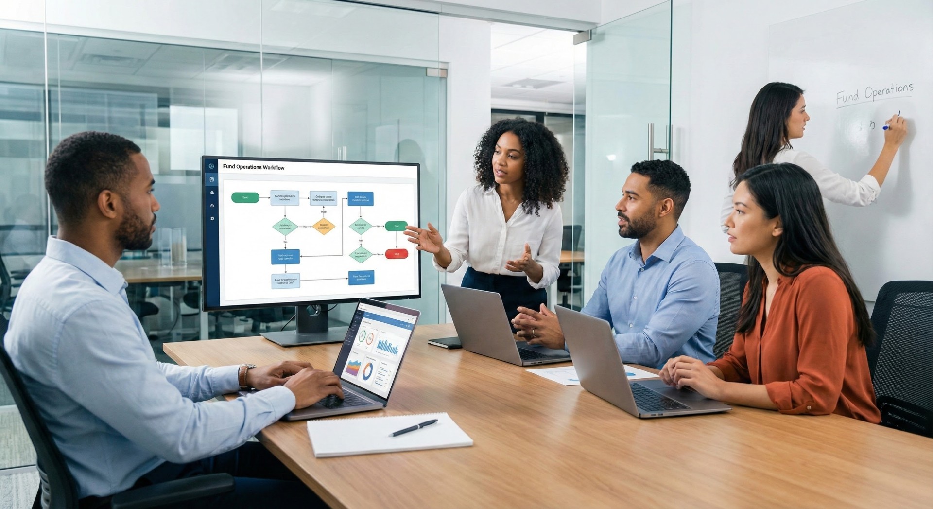 Modern fund operations team collaborating around data and workflow diagrams.