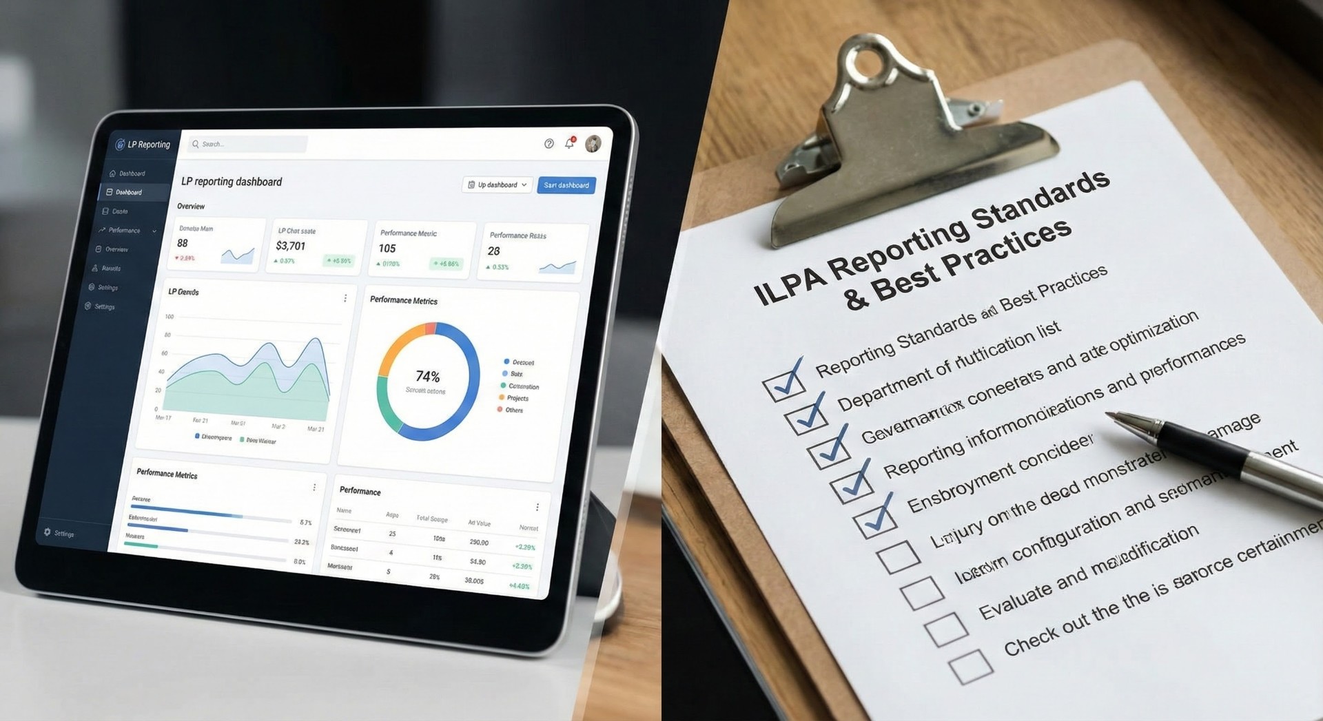 LP reporting dashboard alongside a checklist of disclosure requirements.