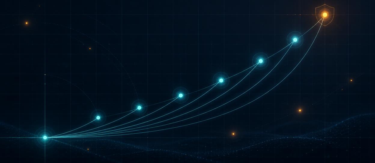 Seven glowing nodes rising in a curve across a dark navy field, each connected back to a single origin point, with one amber node at the top marked by a small shield outline.