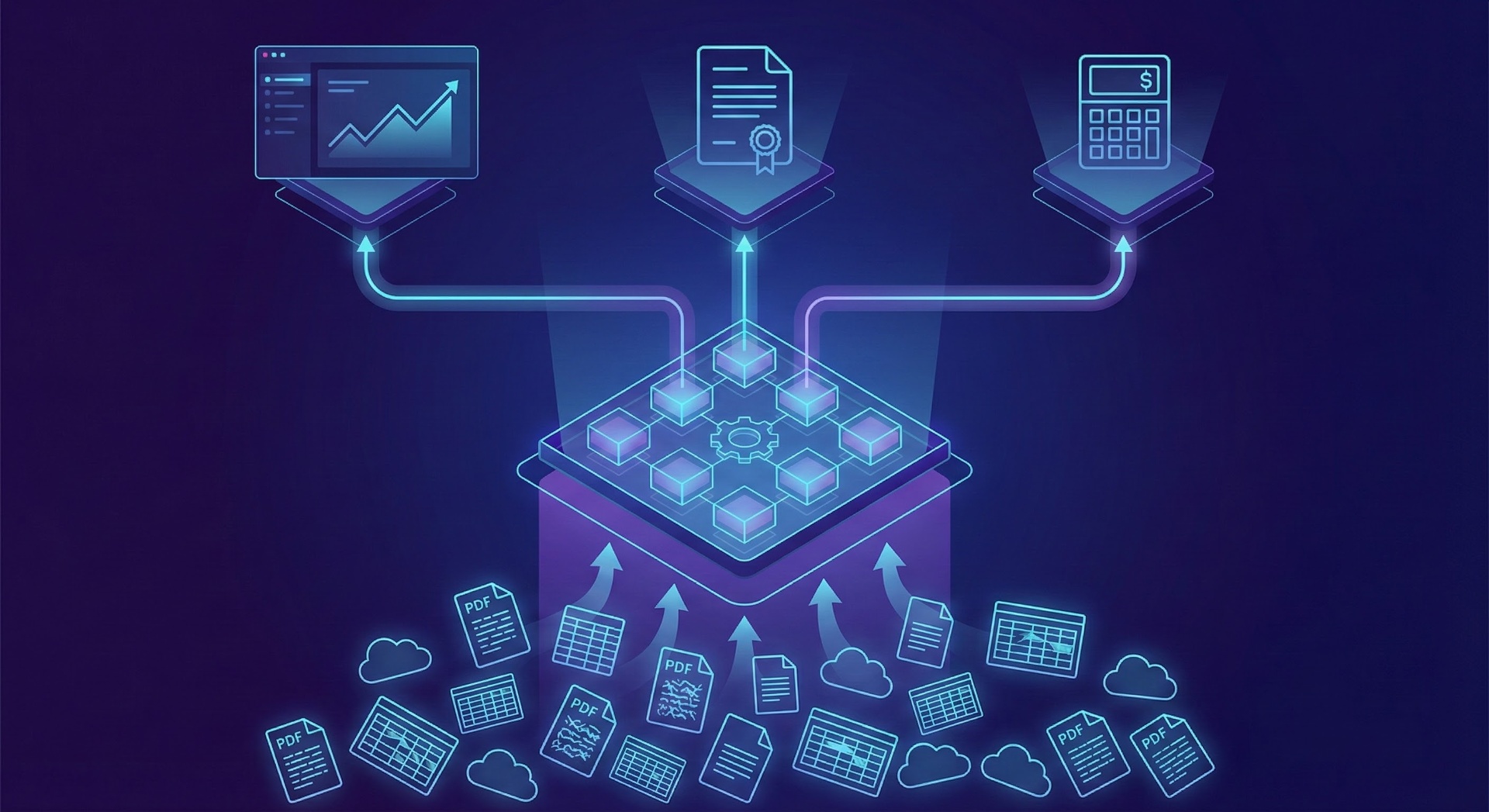Structured data streams flowing from unstructured documents into a central portfolio intelligence layer.
