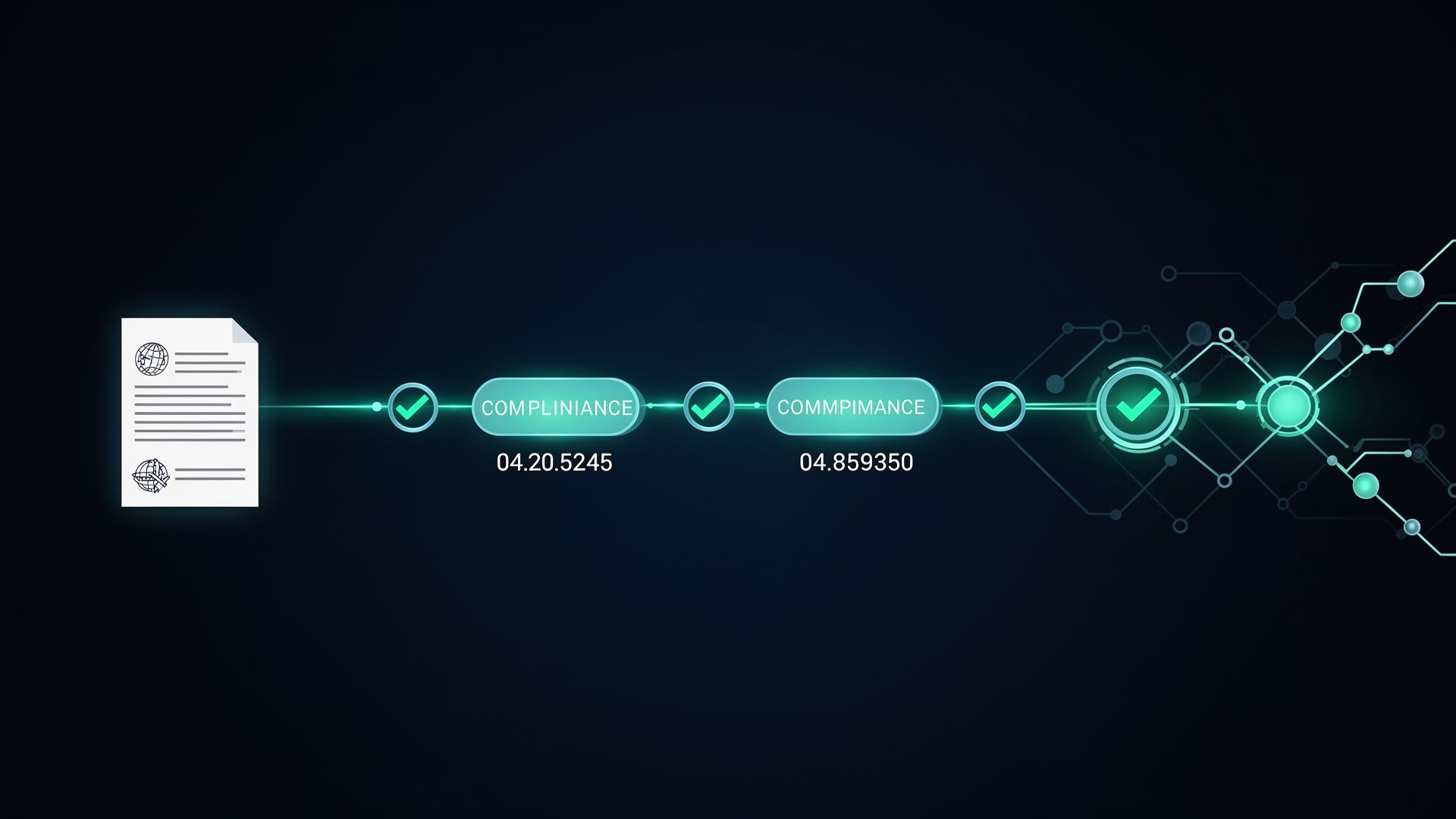 Digital audit trail visualization showing document provenance chain with compliance checkmarks and verification nodes