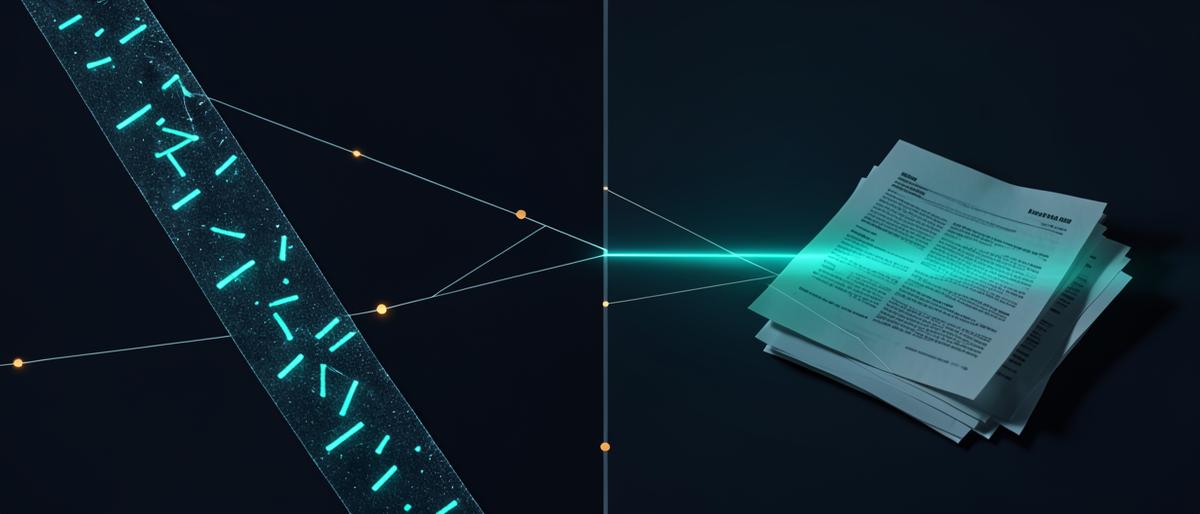 Dark editorial composition. A stock ticker tape frozen mid-scroll on the left; on the right a stack of private-capital documents (SPA, side letter, cap table pages) lit as if being read by a scanner. Muted blues and graphite, one warm accent light. Same visual family as /insights/opaque-markets-are-not-fair-markets and /insights/information-asymmetry-tax.