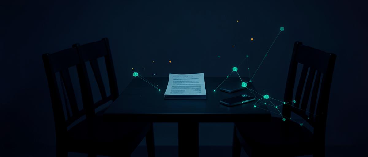Two chairs at a restaurant table, one stack of paper fund statements between them, a phone face-down beside the stack. Low light, muted blues, one focal object, same family as the existing insights hero images.